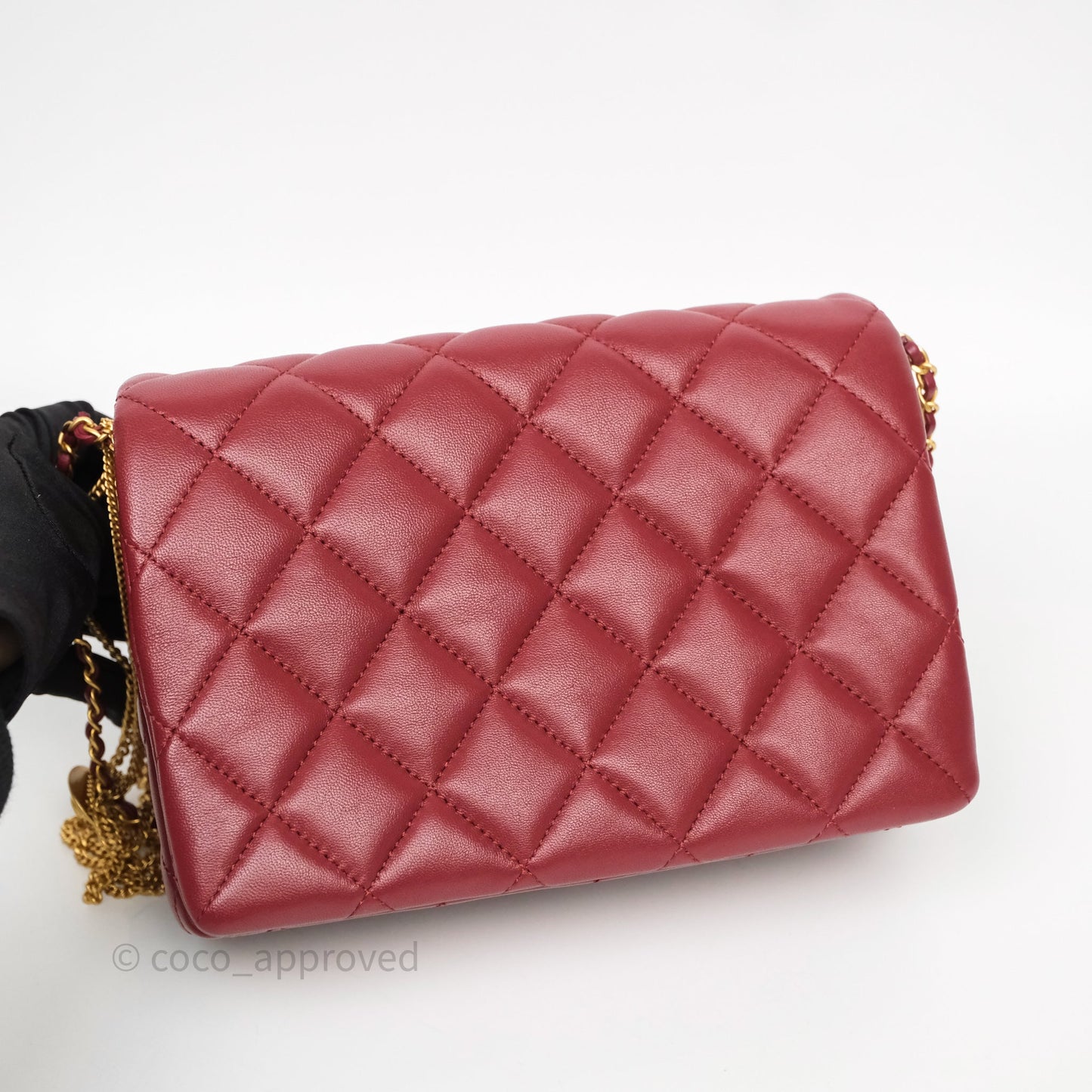 Chanel Quilted Accordion Flap Bag with Button on Chain Burgundy Lambskin Aged Gold Hardware 22A
