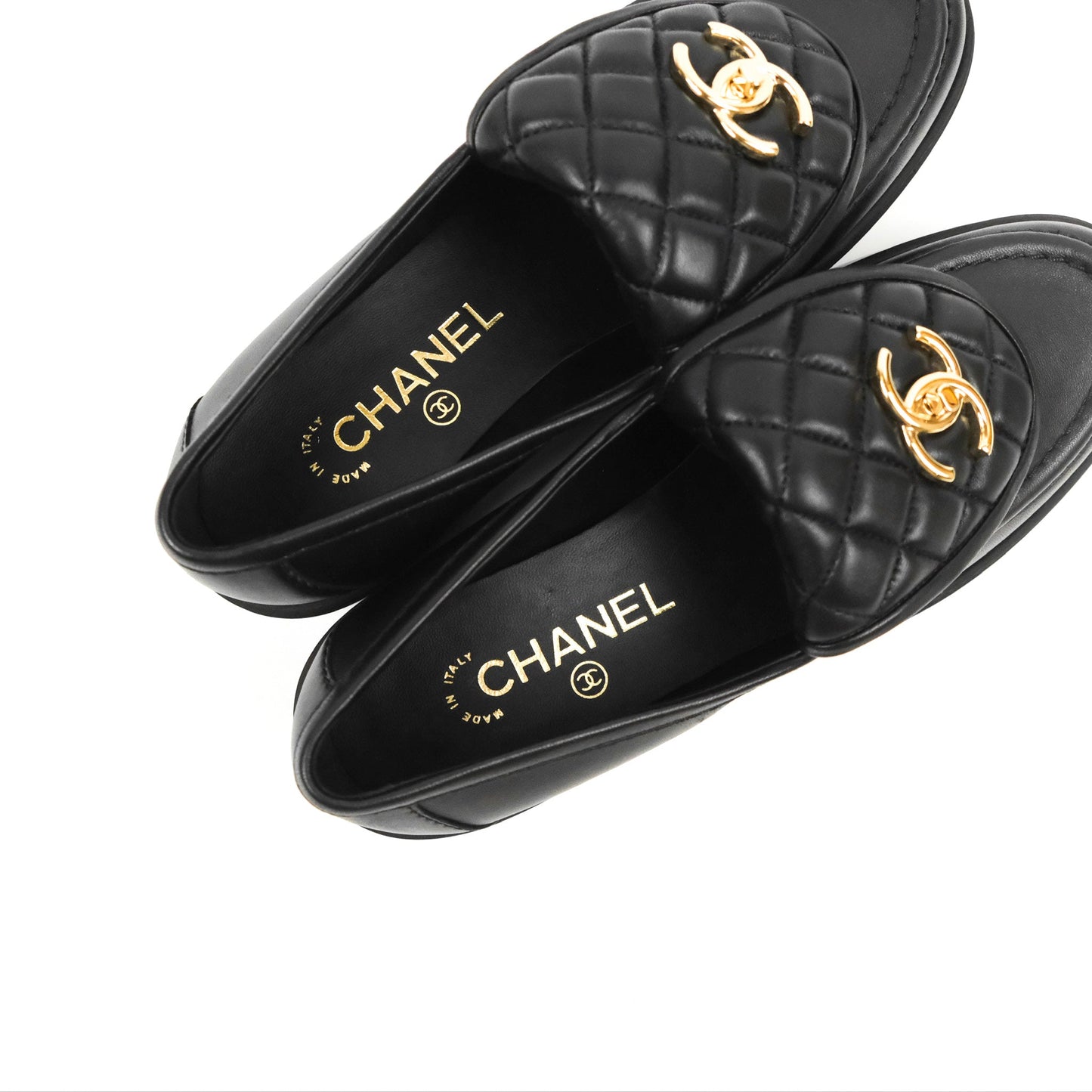Chanel CC Turnlock Loafers Quilted Black Calfskin Gold Hardware Size 37.5