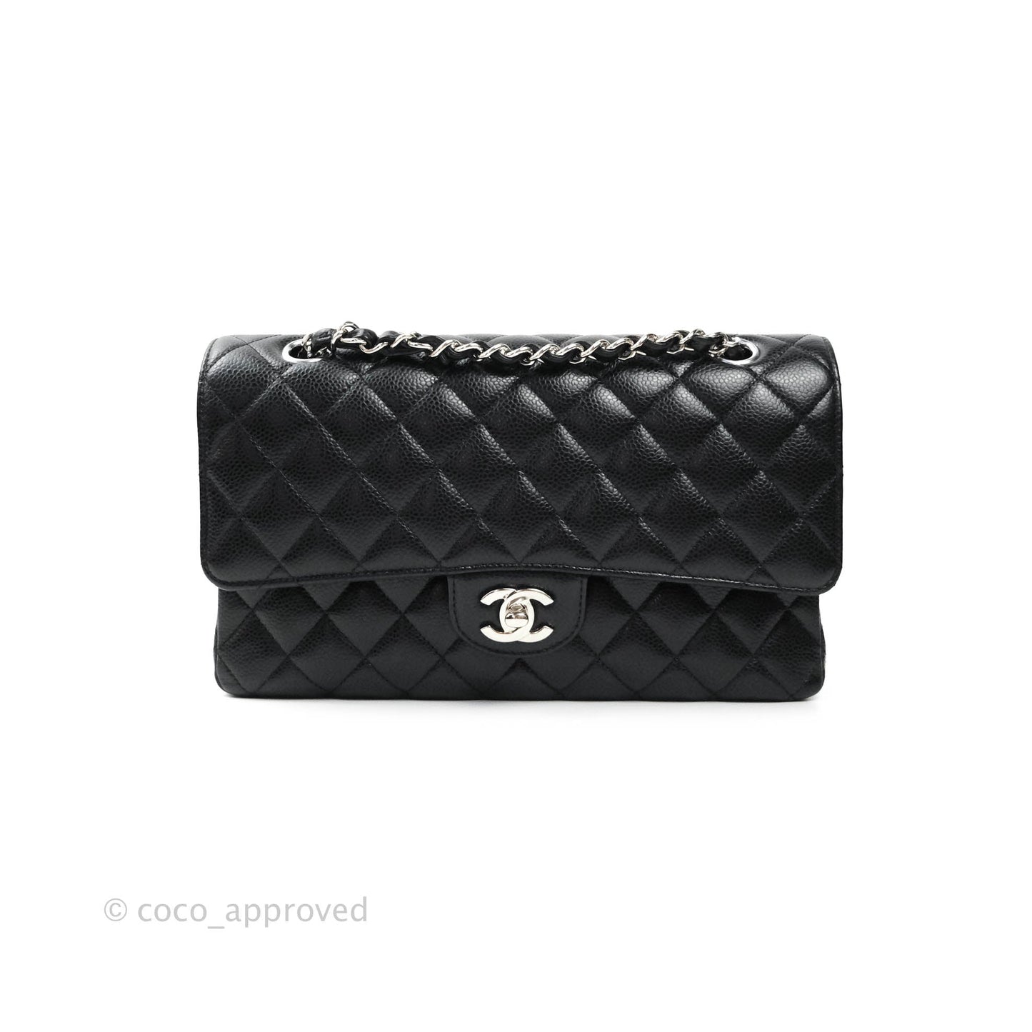Chanel Classic M/L Medium Double Flap Bag Black Caviar Silver Hardware