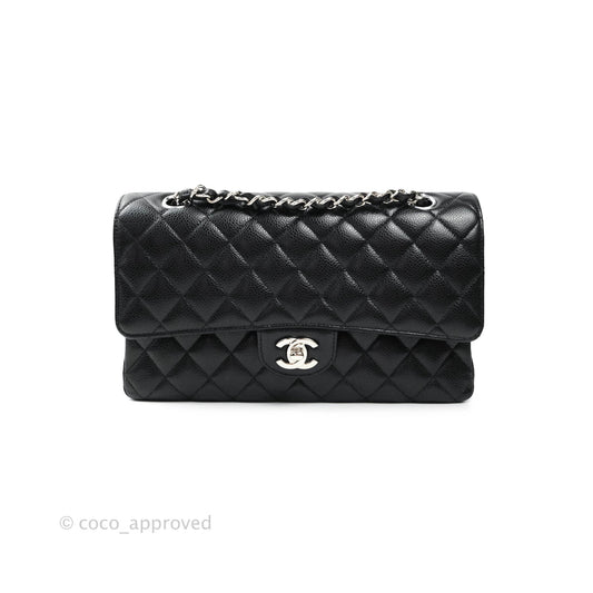 Chanel Classic M/L Medium Double Flap Bag Black Caviar Silver Hardware