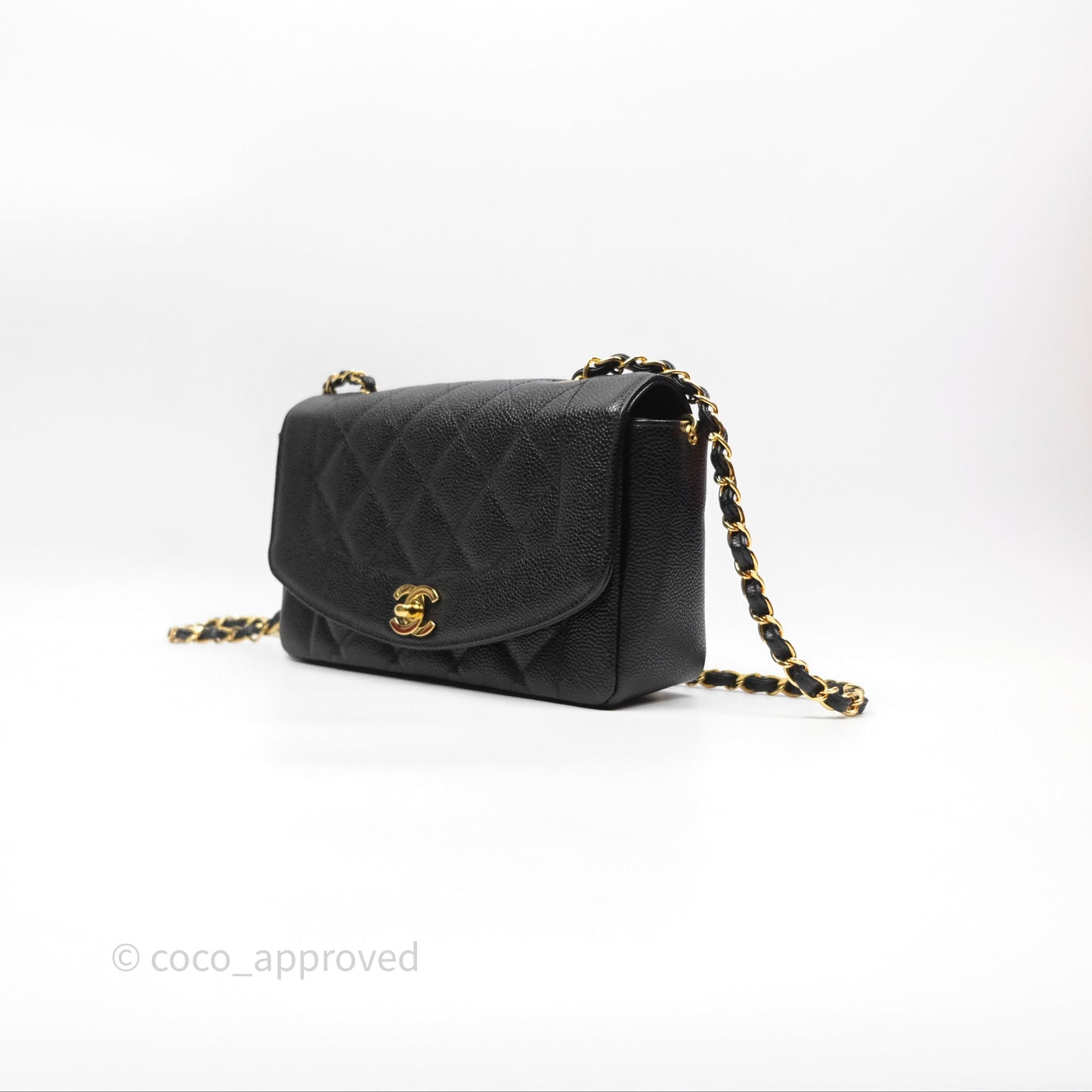 Chanel Small Vintage Quilted Classic Diana Flap Bag Black Caviar 24K Gold Hardware