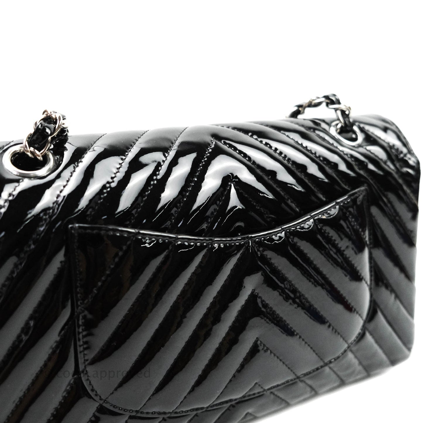Chanel Classic Chevron M/L Medium Double Flap Black Patent Silver Hardware
