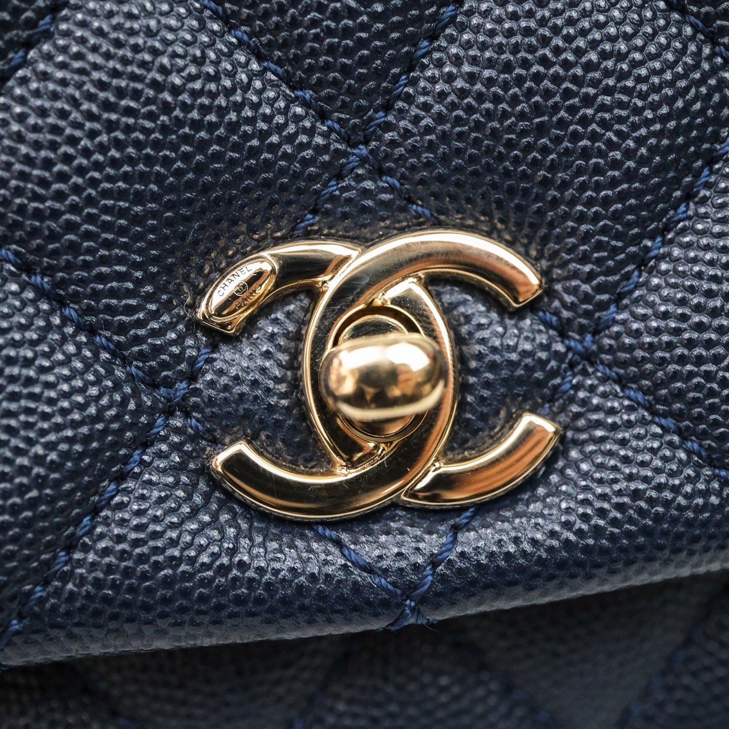 Chanel Mini Coco Handle Quilted Navy Caviar Gold Hardware Lizard Embossed Handle