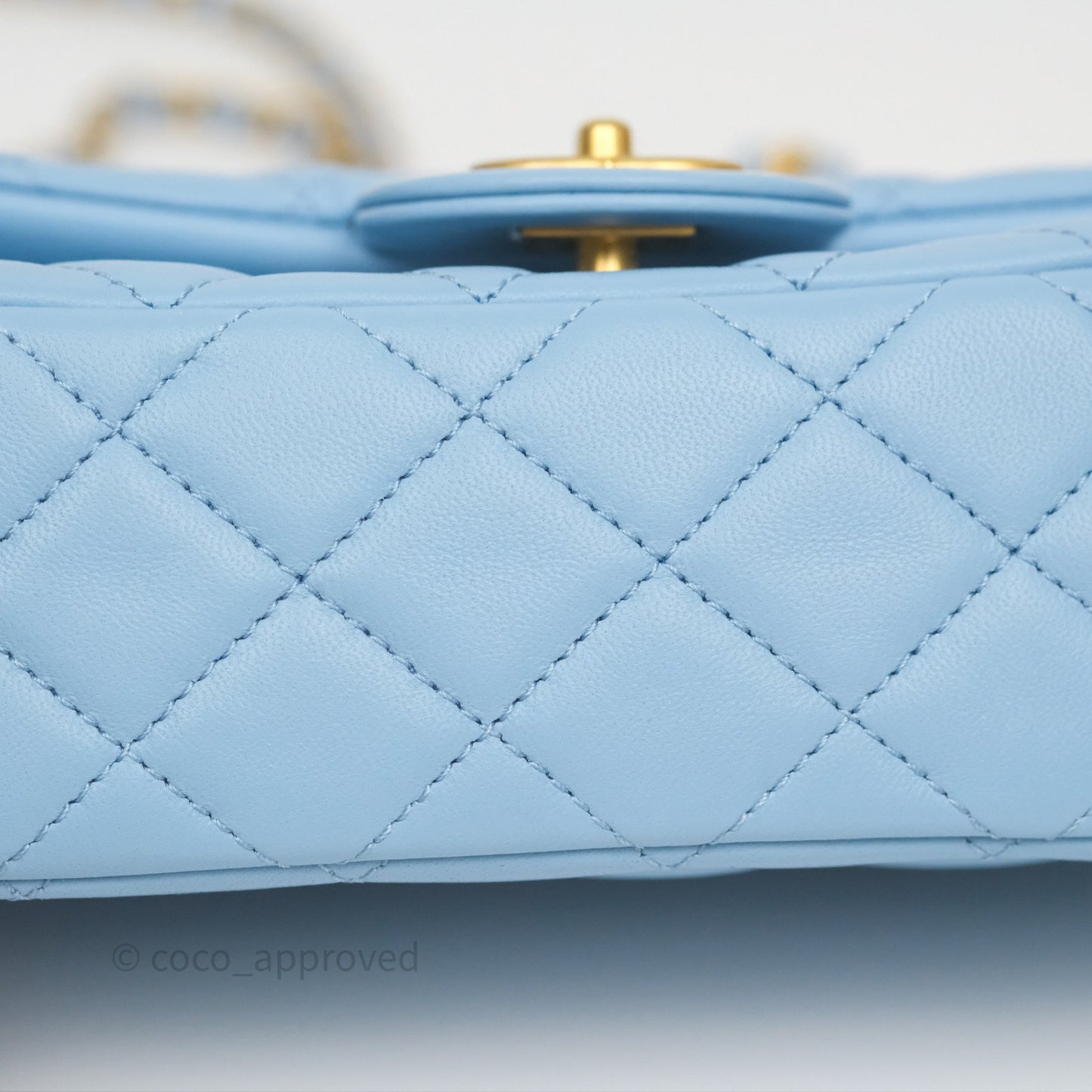Chanel Mini Rectangular Pearl Crush Quilted Sky Blue Lambskin Aged Gold Hardware