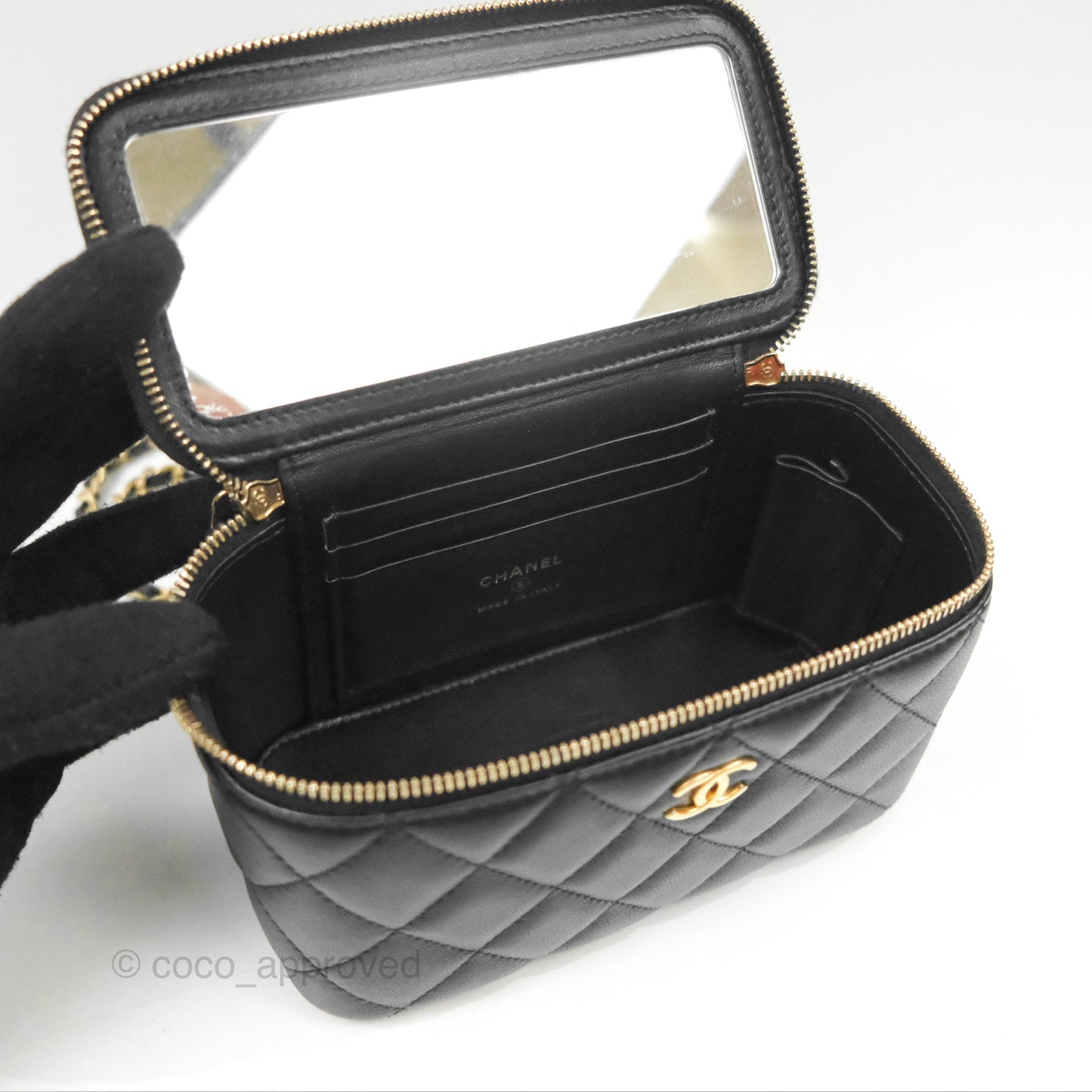 Chanel Vanity Rectangular Metal Top Handle Black Lambskin Aged Gold Hardware 22B