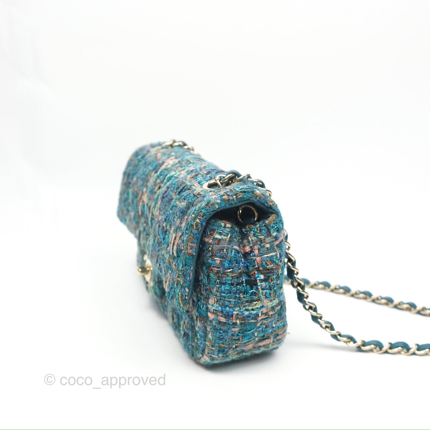 Chanel Mini Rectangular Flap Teal Tweed Gold Hardware