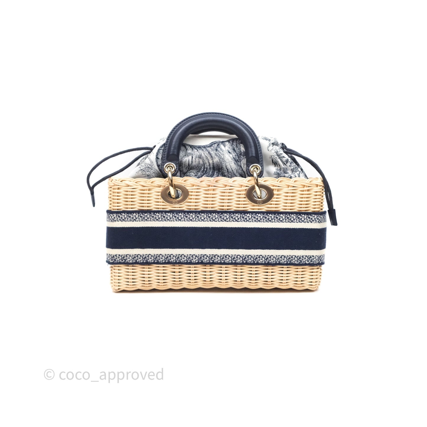 Christian Dior Dioriviera Medium Lady D-Joy Bag Natural Rattan and Blue Dior Oblique Jacquard