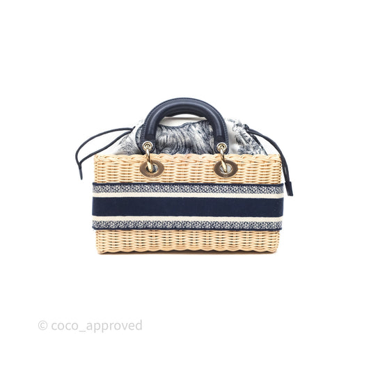 Christian Dior Dioriviera Medium Lady D-Joy Bag Natural Rattan and Blue Dior Oblique Jacquard