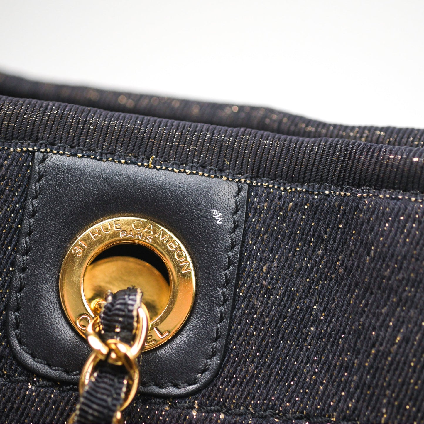 Chanel Medium Deauville Tote Navy Glitter Canvas Gold Hardware