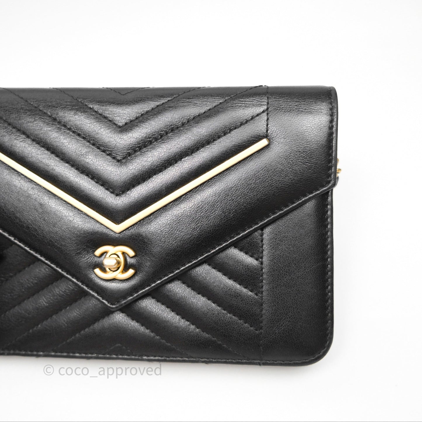 Chanel Reversed Chevron Wallet On Chain WOC Black Lambskin Aged Gold Hardware
