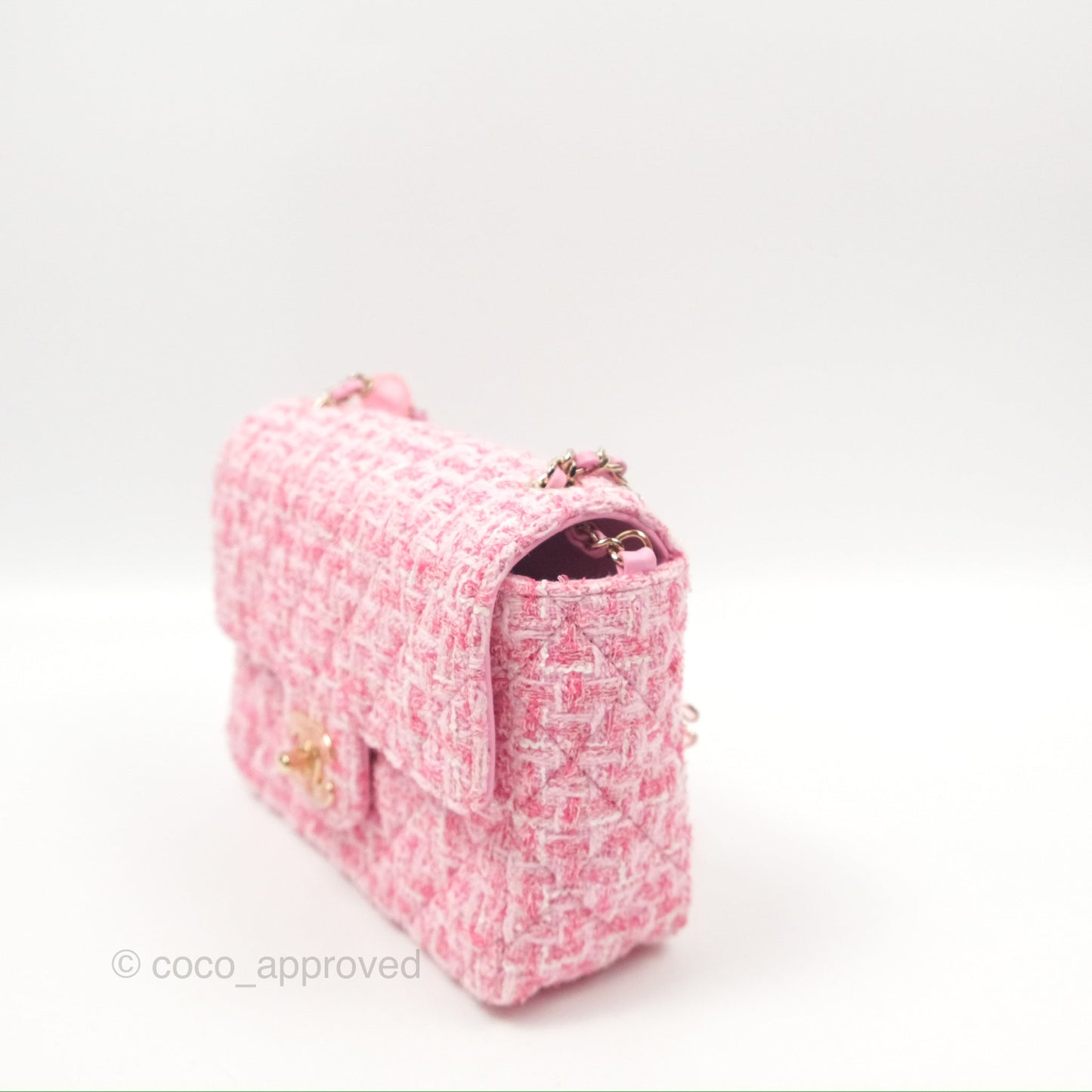 Chanel Flap Bag with Heart Resin Charm Chain Pink Tweed Gold Hardware