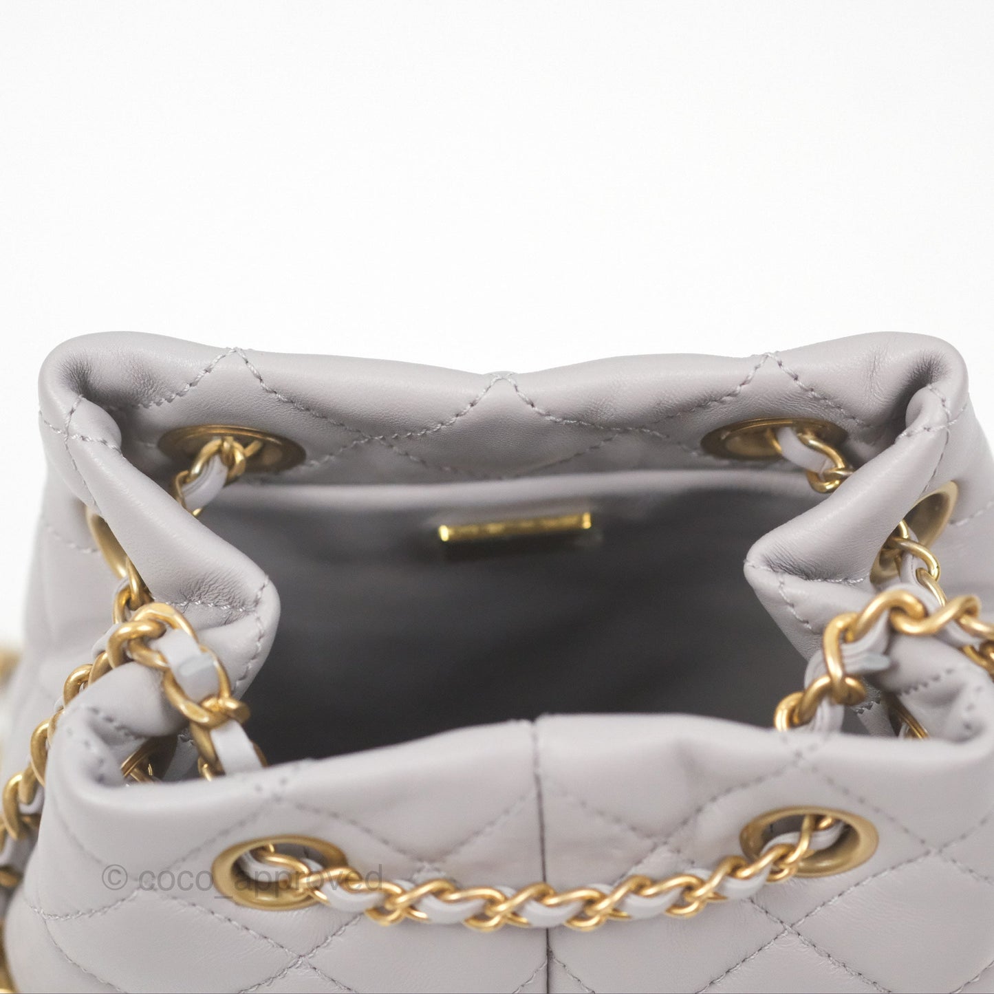 Chanel Pearl Crush Drawstring Bucket Bag Grey Lambskin Aged Gold Hardware