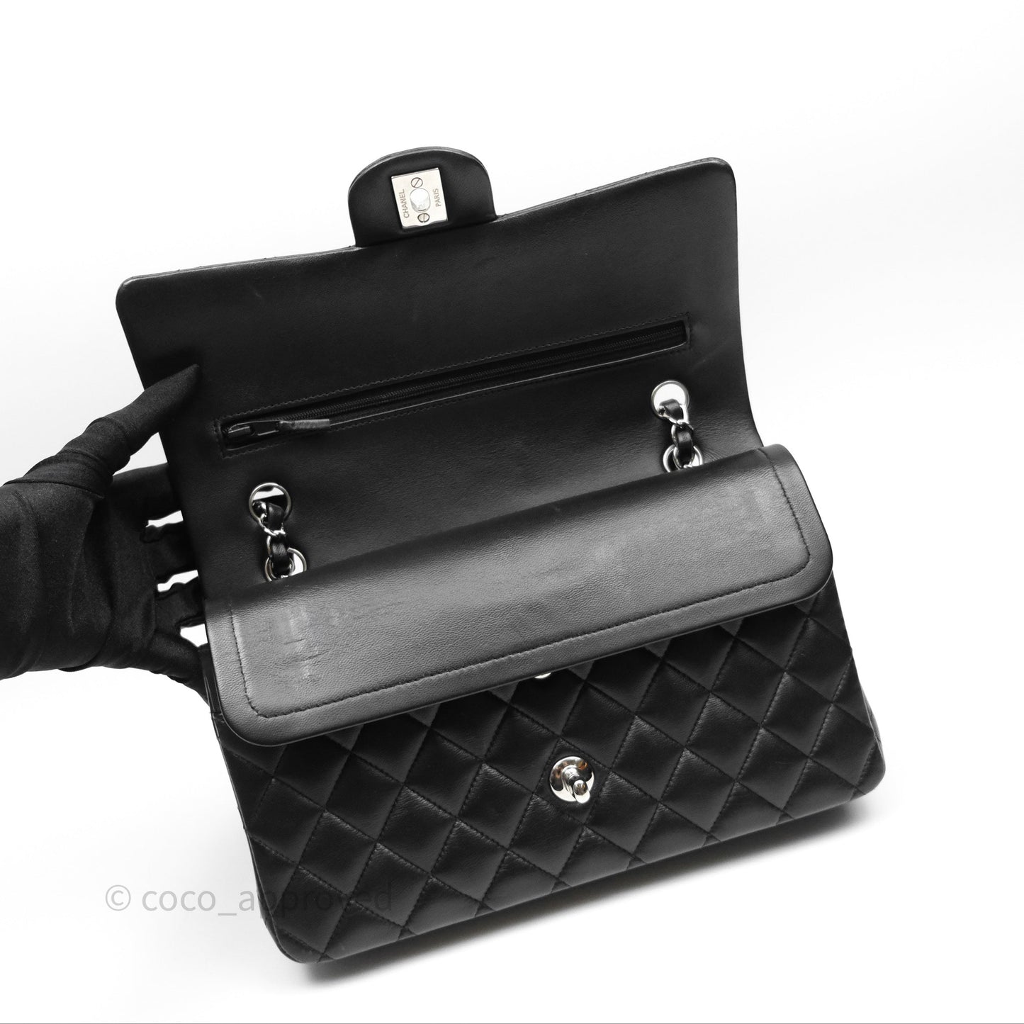 Chanel Classic M/L Medium Flap Quilted Black Lambskin Silver Hardware