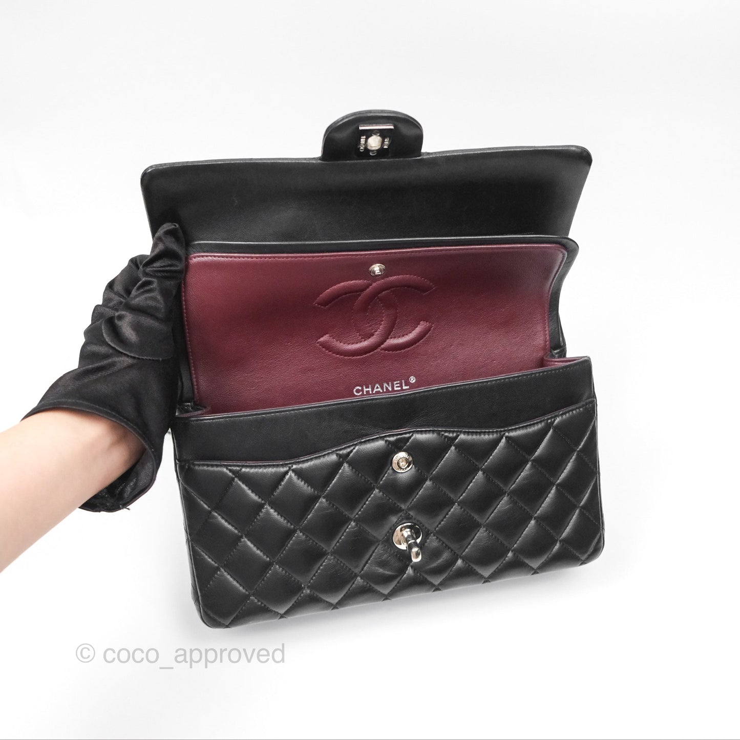 Chanel Classic M/L Medium Flap Quilted Black Lambskin Silver Hardware
