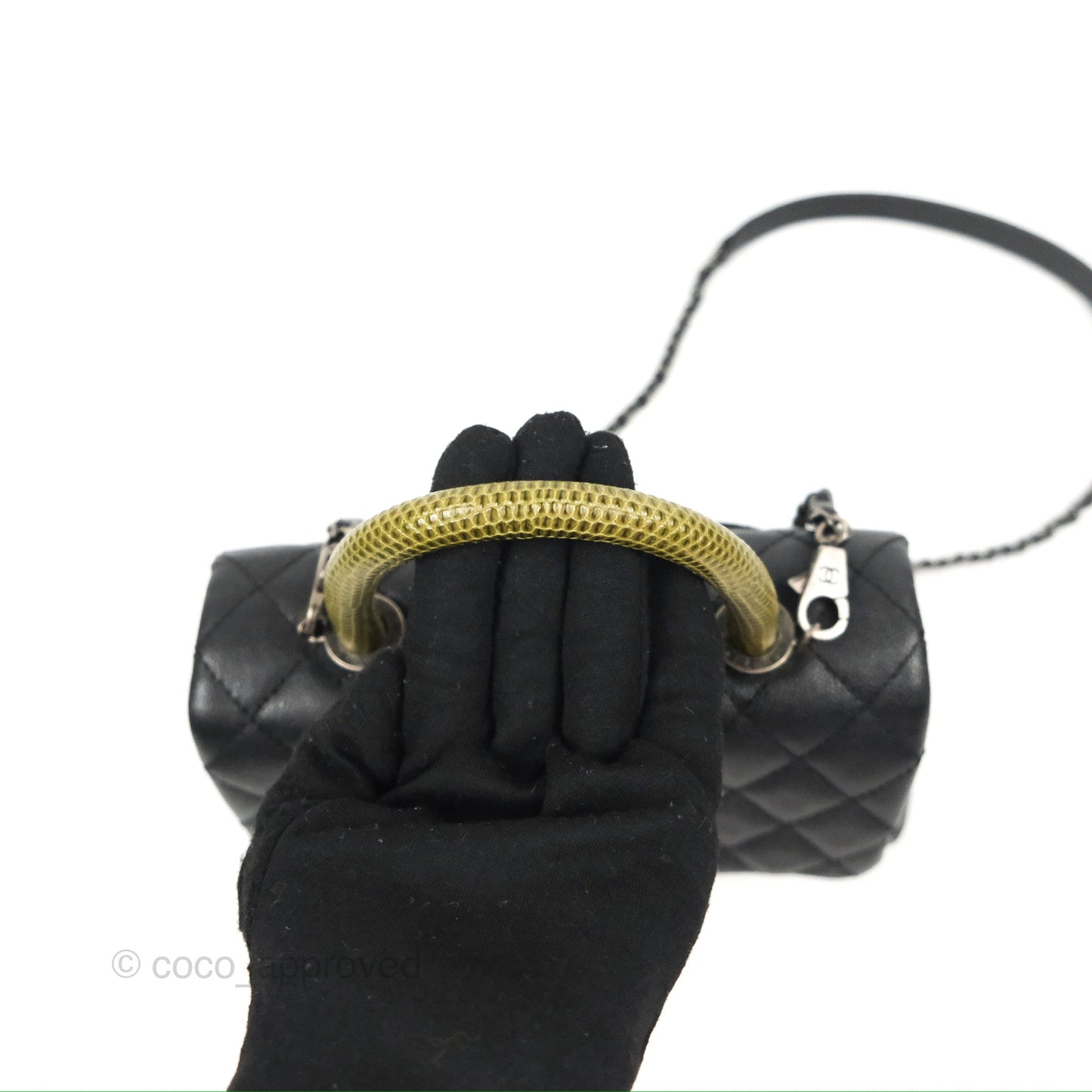 Chanel Small Coco Handle Quilted Black Caviar Ruthenium Hardware Olive Lizard Handle