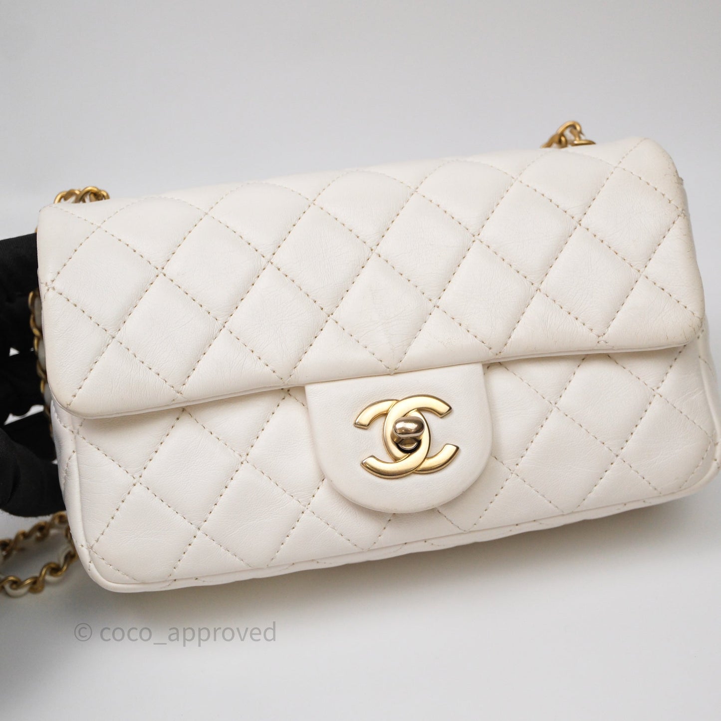 Chanel Mini Rectangular Pearl Crush Quilted White Lambskin Aged Gold Hardware