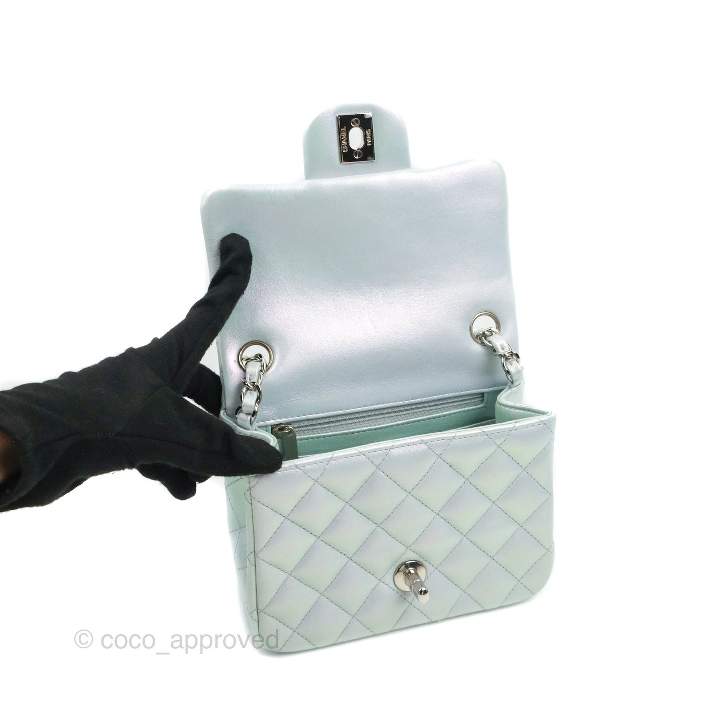 Chanel Mini Square Quilted Iridescent Icy Blue Silver Hardware