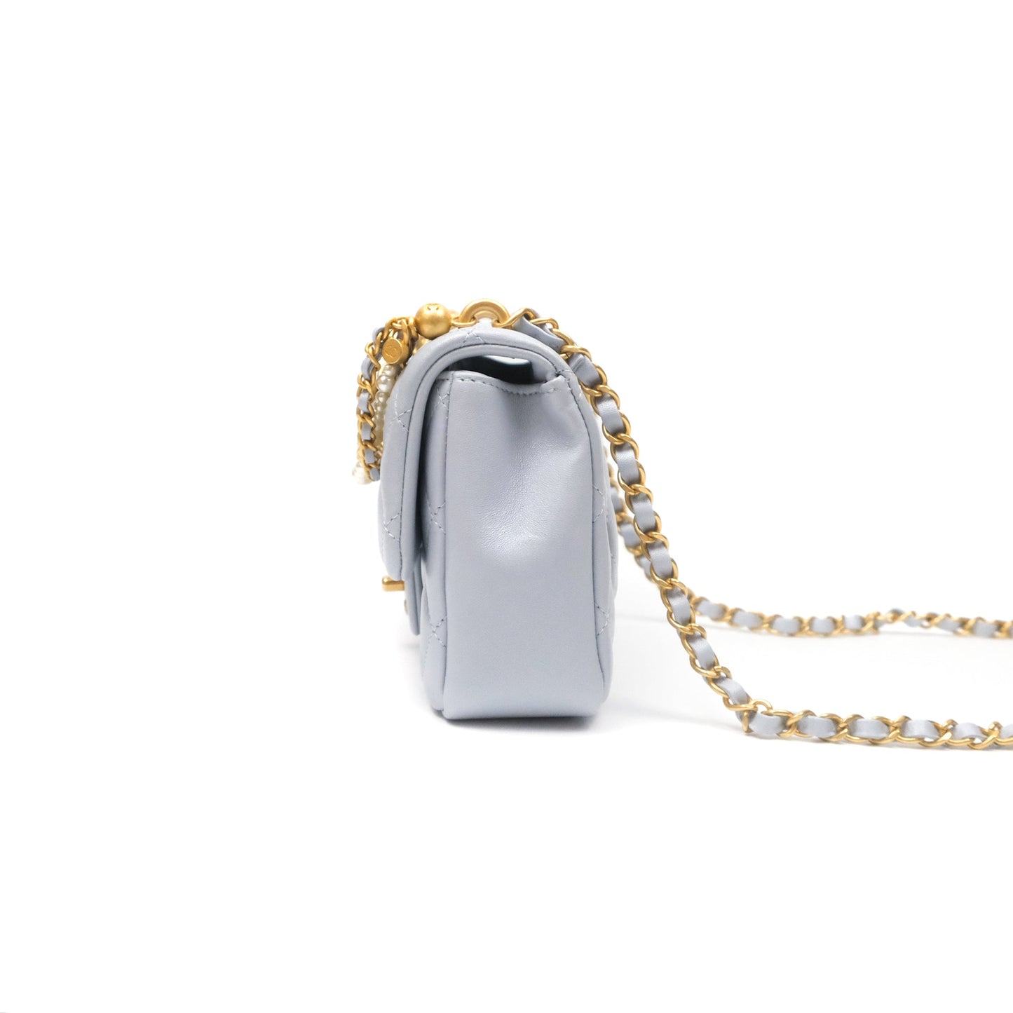 Chanel Pearl Chain Mini Flap Bag Pearly Light Blue Lambskin Aged Gold Hardware 24P