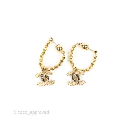 Chanel Pearl & Black Bead CC Chain Earrings Gold Tone 18P