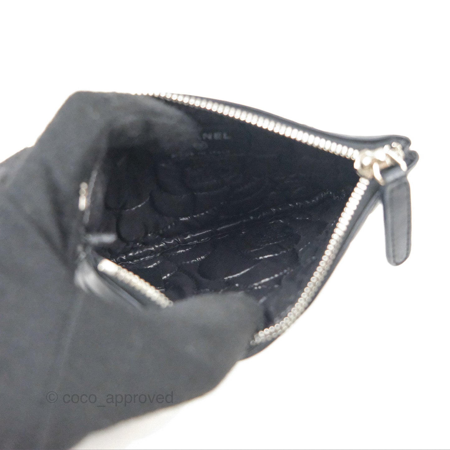 Chanel Quilted Mini O Case Camellia Black Lambskin Silver Hardware