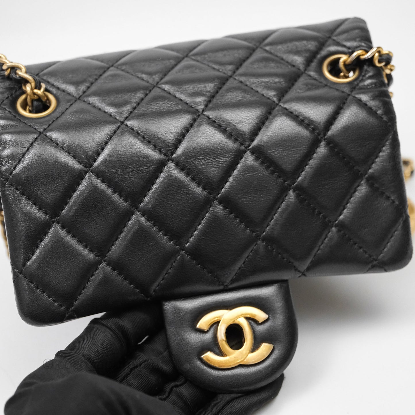 Chanel Pearl Crush Mini Square Quilted Black Lambskin Aged Gold Hardware