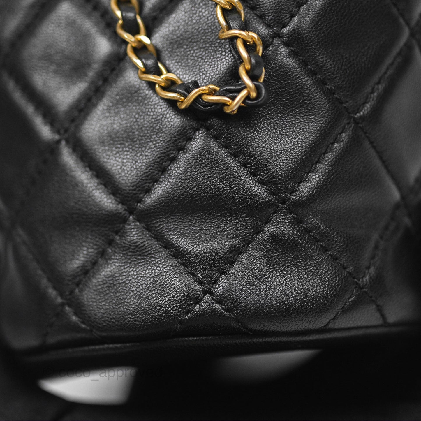 Chanel Pearl Crush Bucket Bag Black Lambskin Aged Gold Hardware 22S