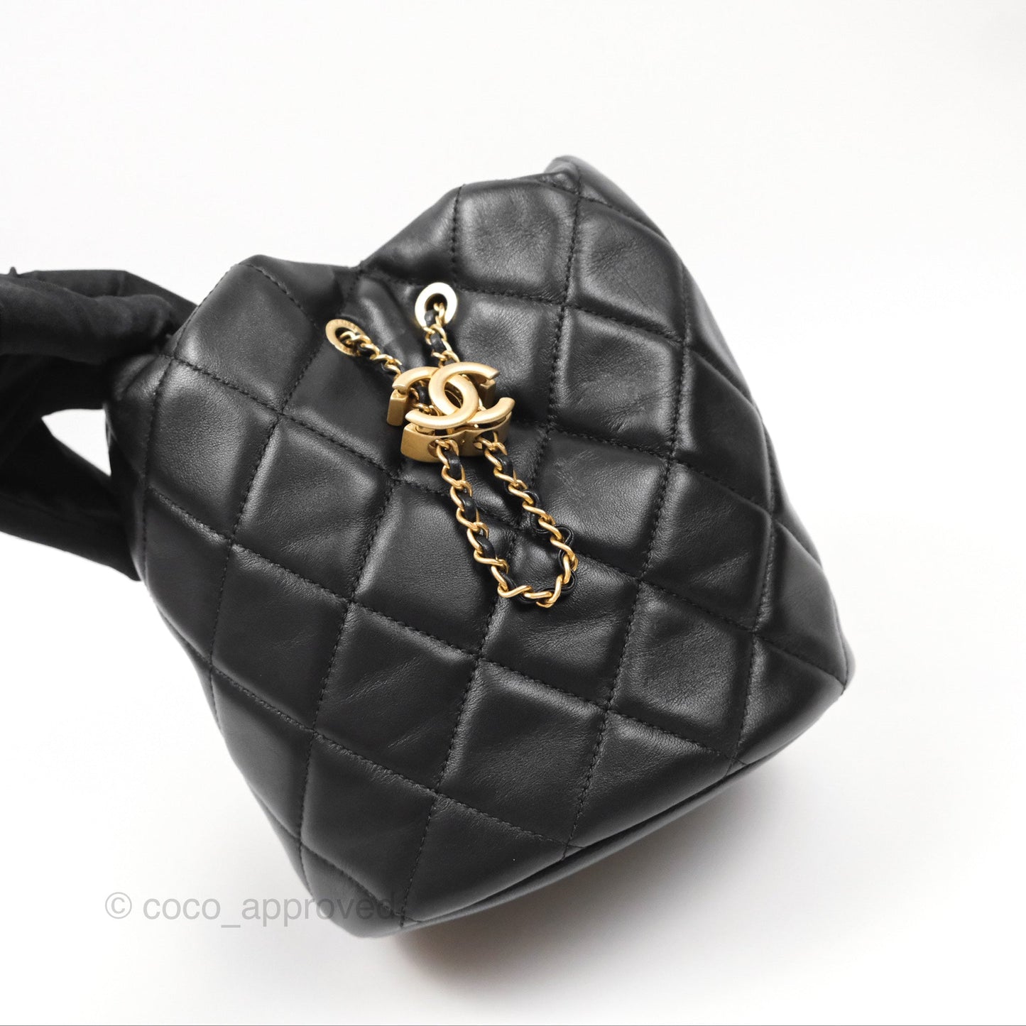 Chanel Quilted My Perfect with Pearl Drawstring Bucket Bag Black Lambskin Aged Gold Hardware