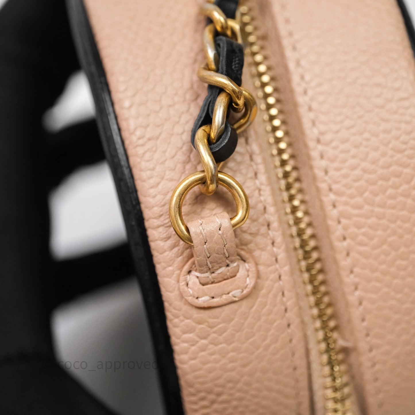 Chanel Quilted Round Filigree Clutch With Chain Beige/ Black Caviar Aged Gold Hardware