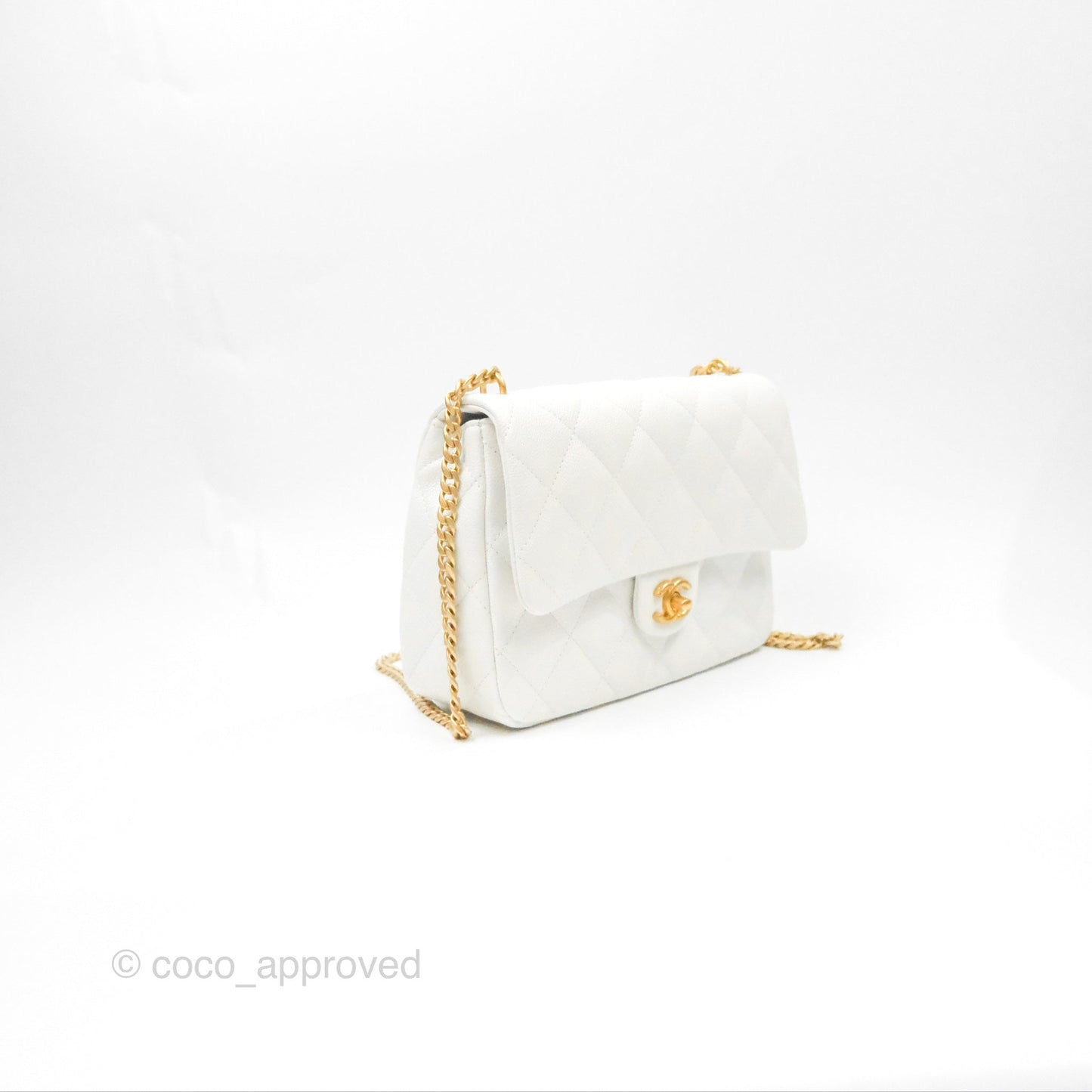 Chanel Large Flap Bag Heart Adjustable Chain White Caviar Aged Gold Hardware