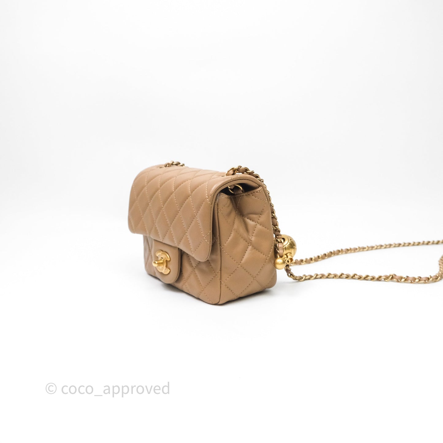 Chanel Pearl Crush Mini Square Quilted Beige Lambskin Aged Gold Hardware