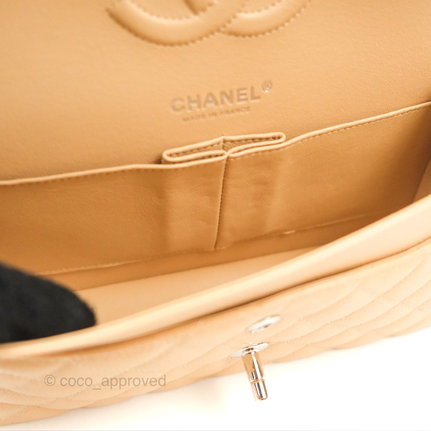 Chanel Classic M/L Medium Flap Quilted Beige Caviar Silver Hardware