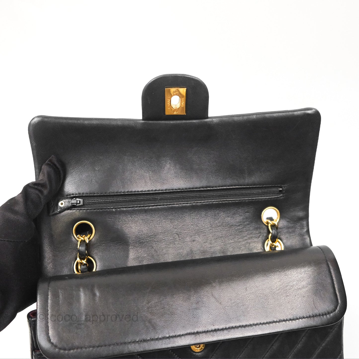 Chanel Vintage Medium Classic Flap Chevron Black Lambskin 24K Gold Hardware