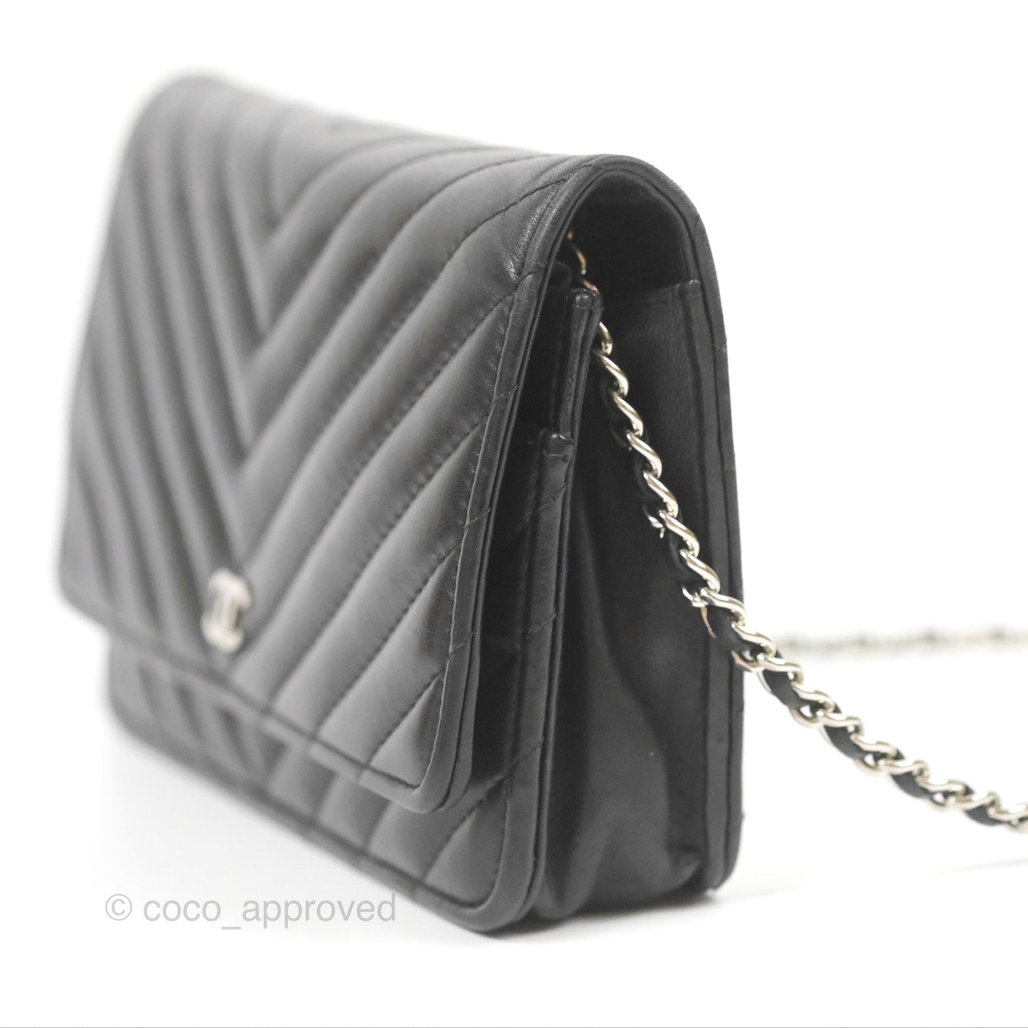 Chanel Classic Chevron Wallet on Chain WOC Black Lambskin Silver Hardware