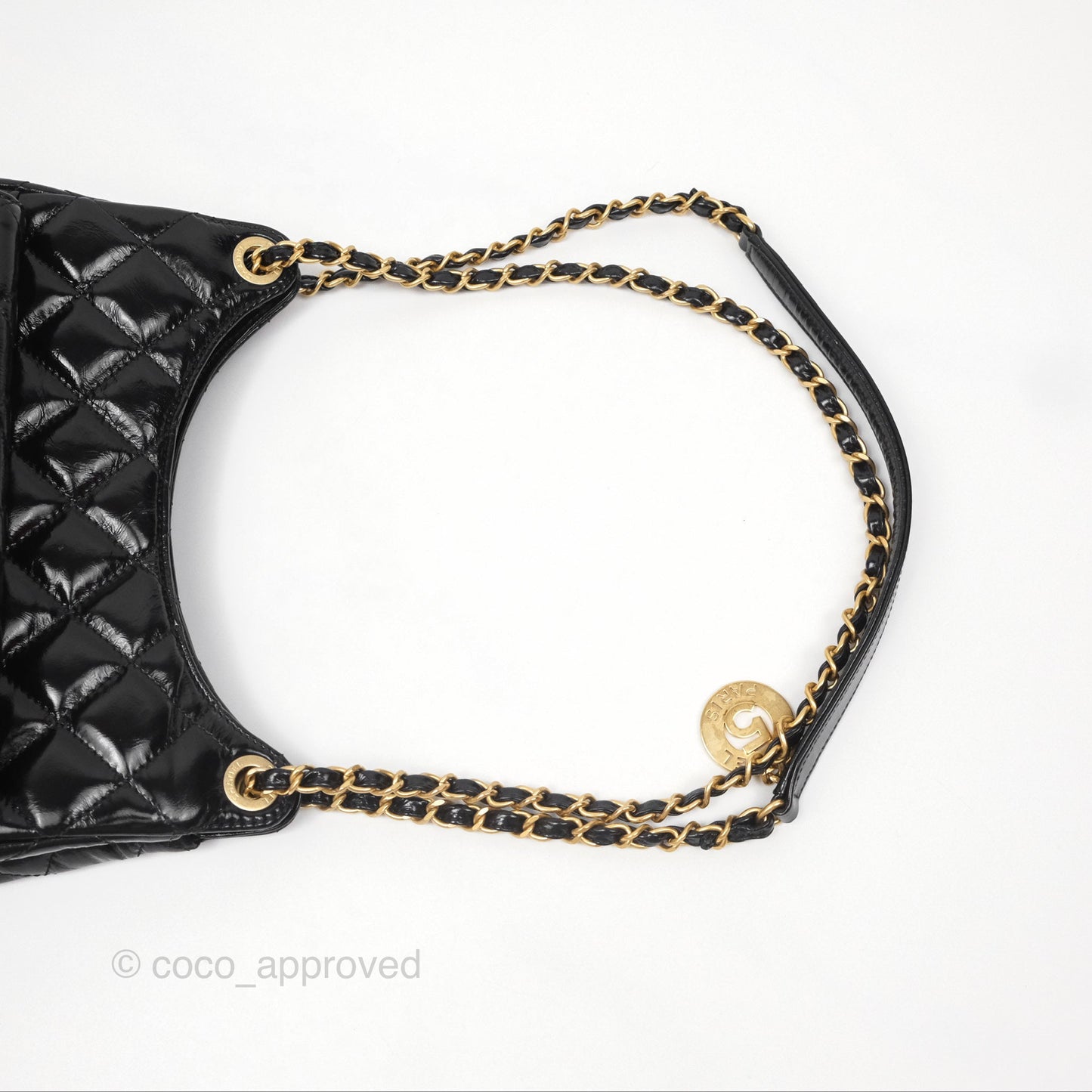Chanel Medium Quilted Wavy CC Hobo Black Patent Aged Gold Hardware