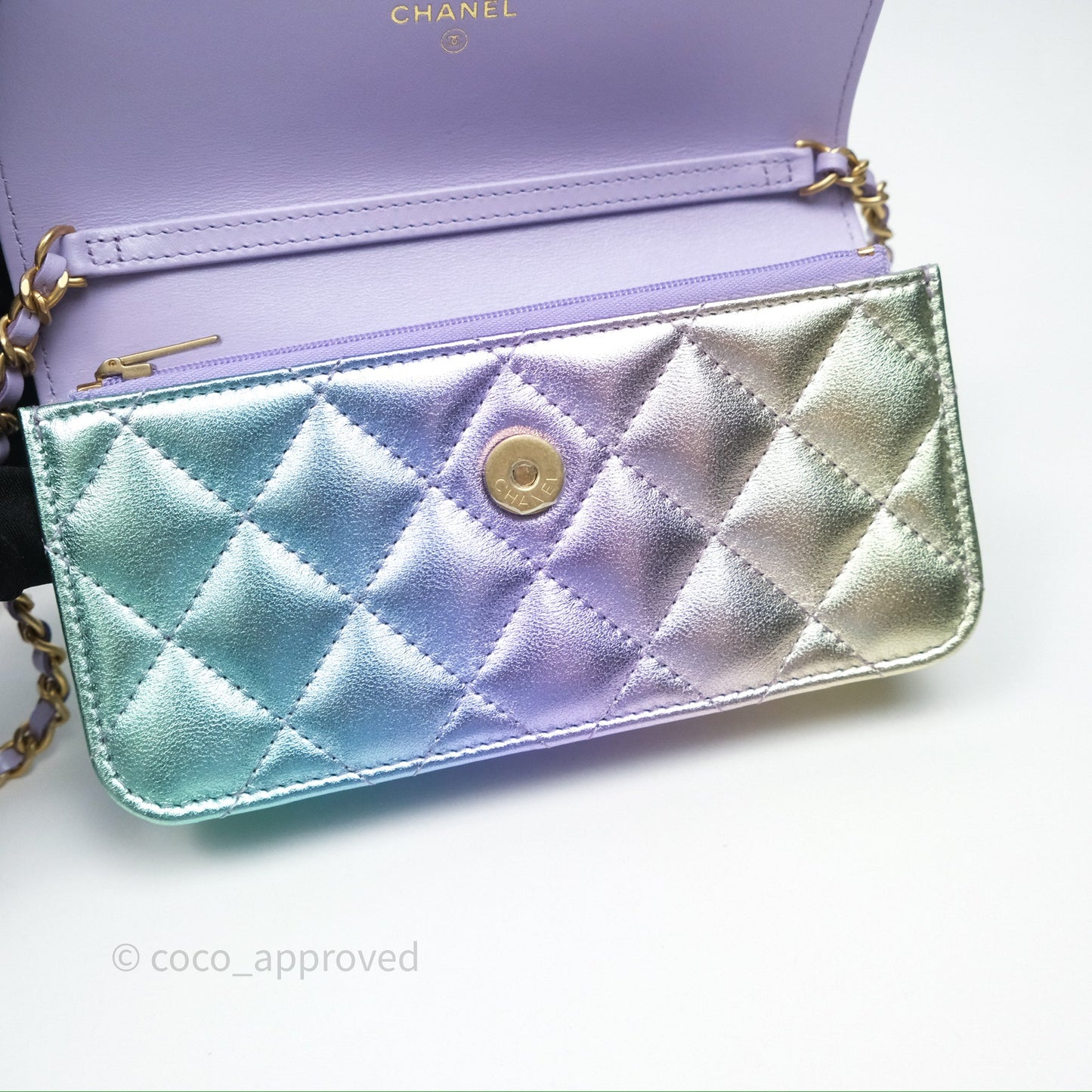 Chanel Quilted Phone Holder with Chain Metallic Rainbow Lambskin Aged Gold Hardware 24C