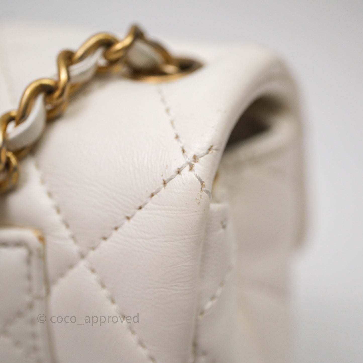 Chanel Mini Rectangular Pearl Crush Quilted White Lambskin Aged Gold Hardware