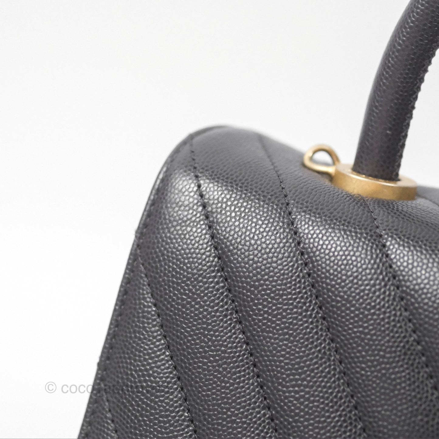 Chanel Small Coco Handle Chevron Dark Grey Caviar Aged Gold Hardware