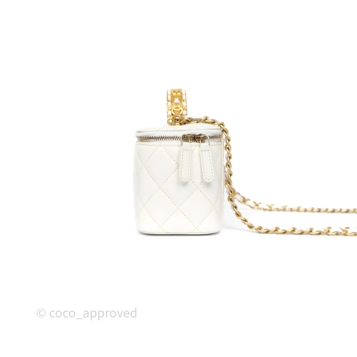 Chanel Logo Top Handle Vanity Rectangular White Caviar Aged Gold Hardware
