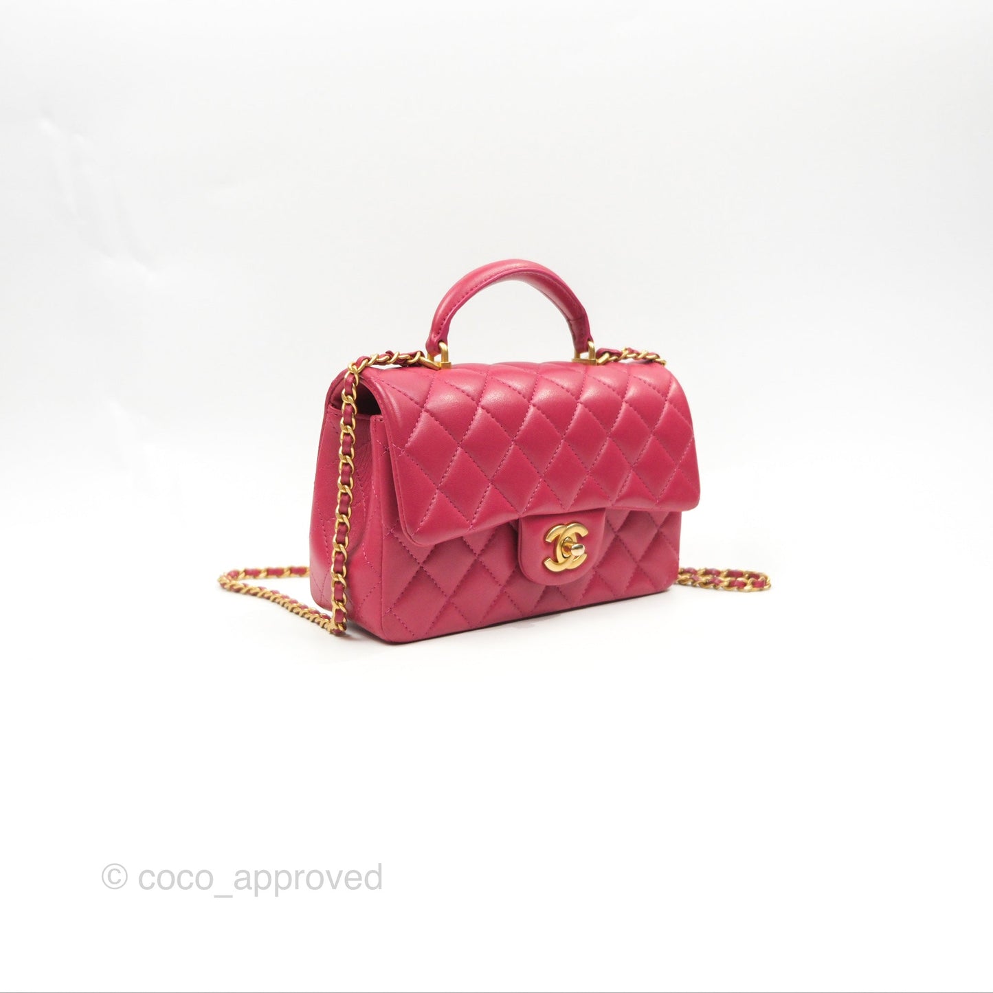 Chanel Top Handle Mini Rectangular Flap Bag Berry Red Lambskin Aged Gold Hardware