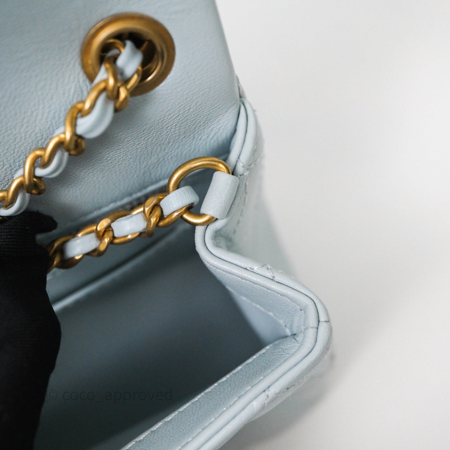 Chanel Pearl Crush Mini Rectangular Light Blue Lambskin Aged Gold Hardware
