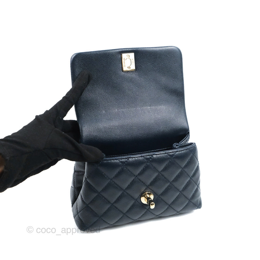 Chanel Mini Coco Handle Quilted Navy Caviar Gold Hardware Lizard Embossed Handle