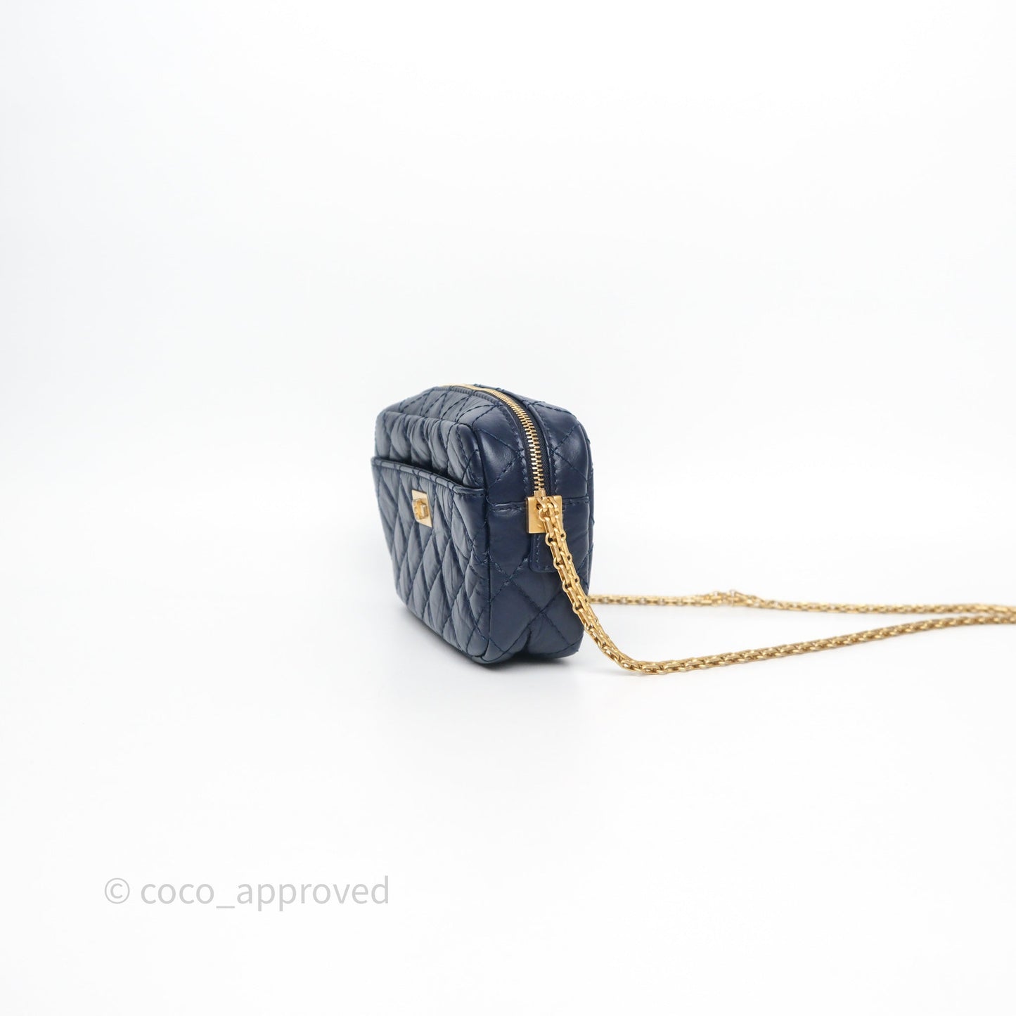 Chanel Quilted Mini Reissue Camera Case Navy Aged Calfskin Aged Gold Hardware