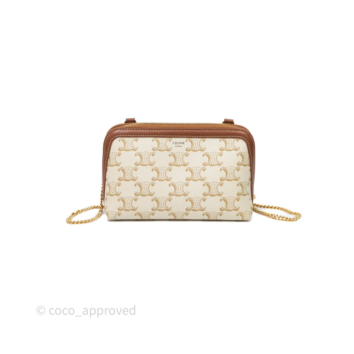 Celine Clutch With Chain Triomphe Canvas White/Tan
