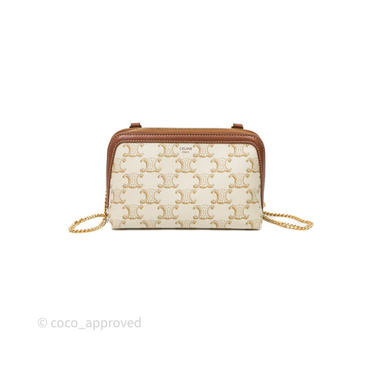 Celine Clutch With Chain Triomphe Canvas White/Tan