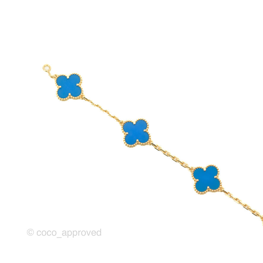 Van Cleef & Arpels Vintage Alhambra 5 Motifs Blue Agate Yellow Gold Bracelet