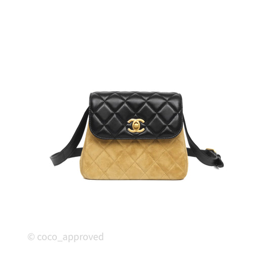 Chanel Mini Flap Bag Camel Suede/ Black Lambskin Gold Hardware
