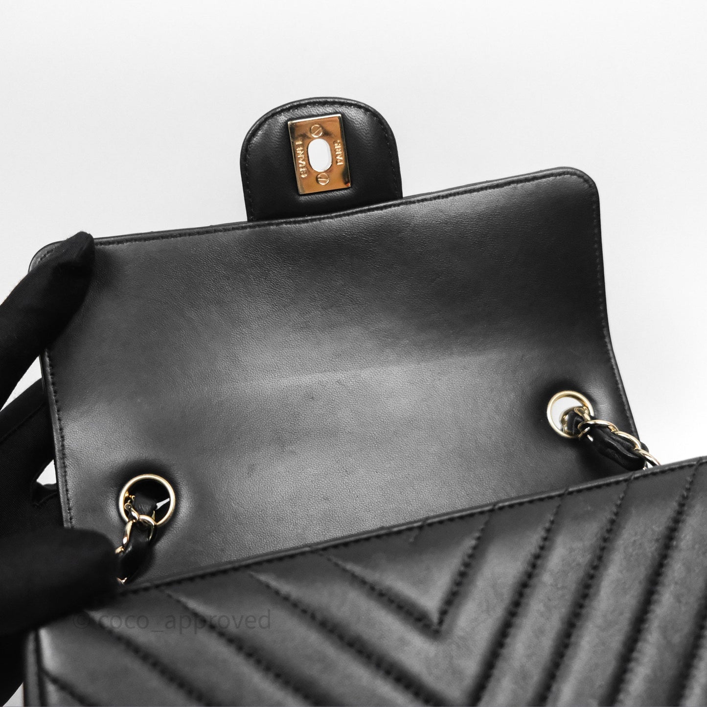Chanel Quilted Mini Rectangular Chevron Black Lambskin Gold Hardware