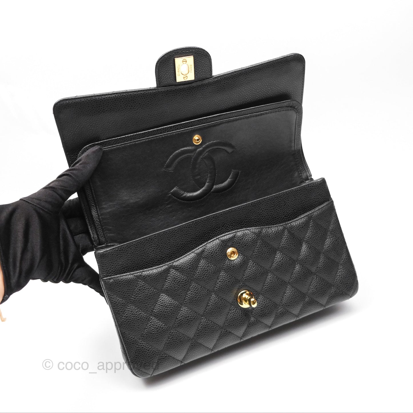 Chanel M/L Medium Classic Flap Quilted Black Caviar 24K Gold Hardware