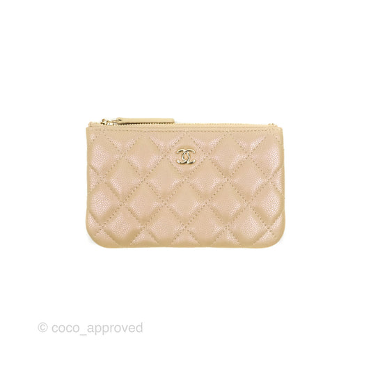 Chanel Mini Quilted O Case Iridescent Beige Caviar Gold Hardware 21S