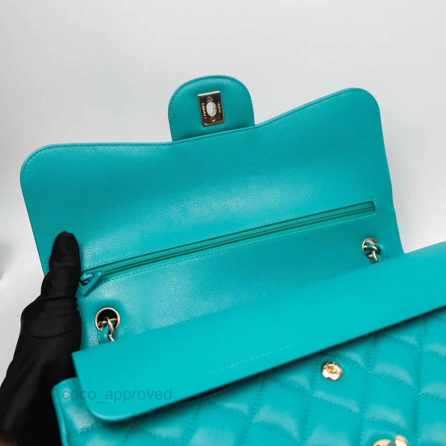 Chanel Jumbo Double Flap Turquoise Caviar Gold Hardware⁣⁣